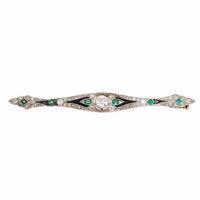 Art Deco, Diamond, Onyx, and Emerald Bar Brooch