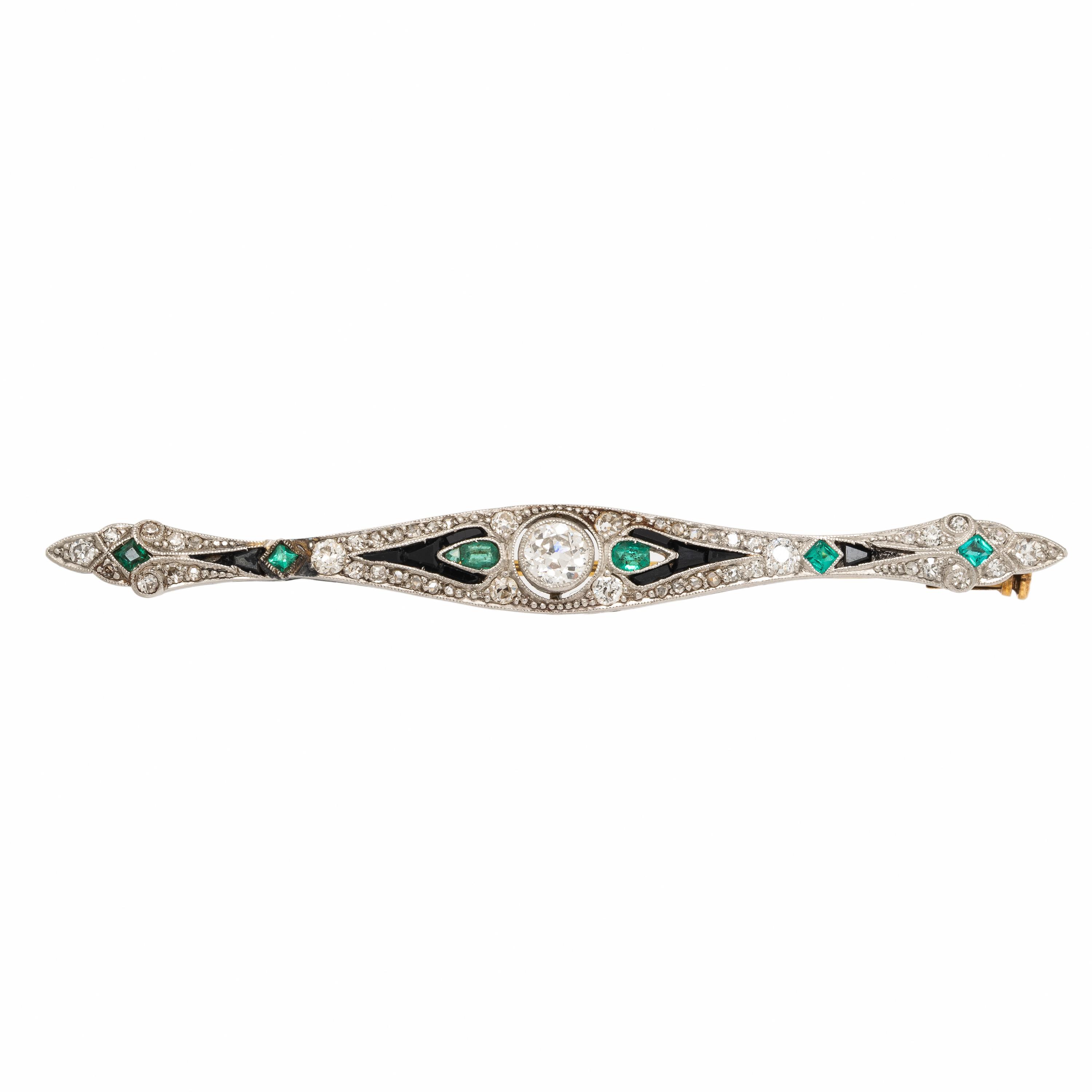 Art Deco, Diamond, Onyx, and Emerald Bar Brooch