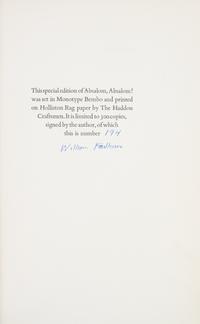 FAULKNER, WILLIAM. Absalom, Absalom! New York, 1936. First edition, limited. Signed by Faulkner.