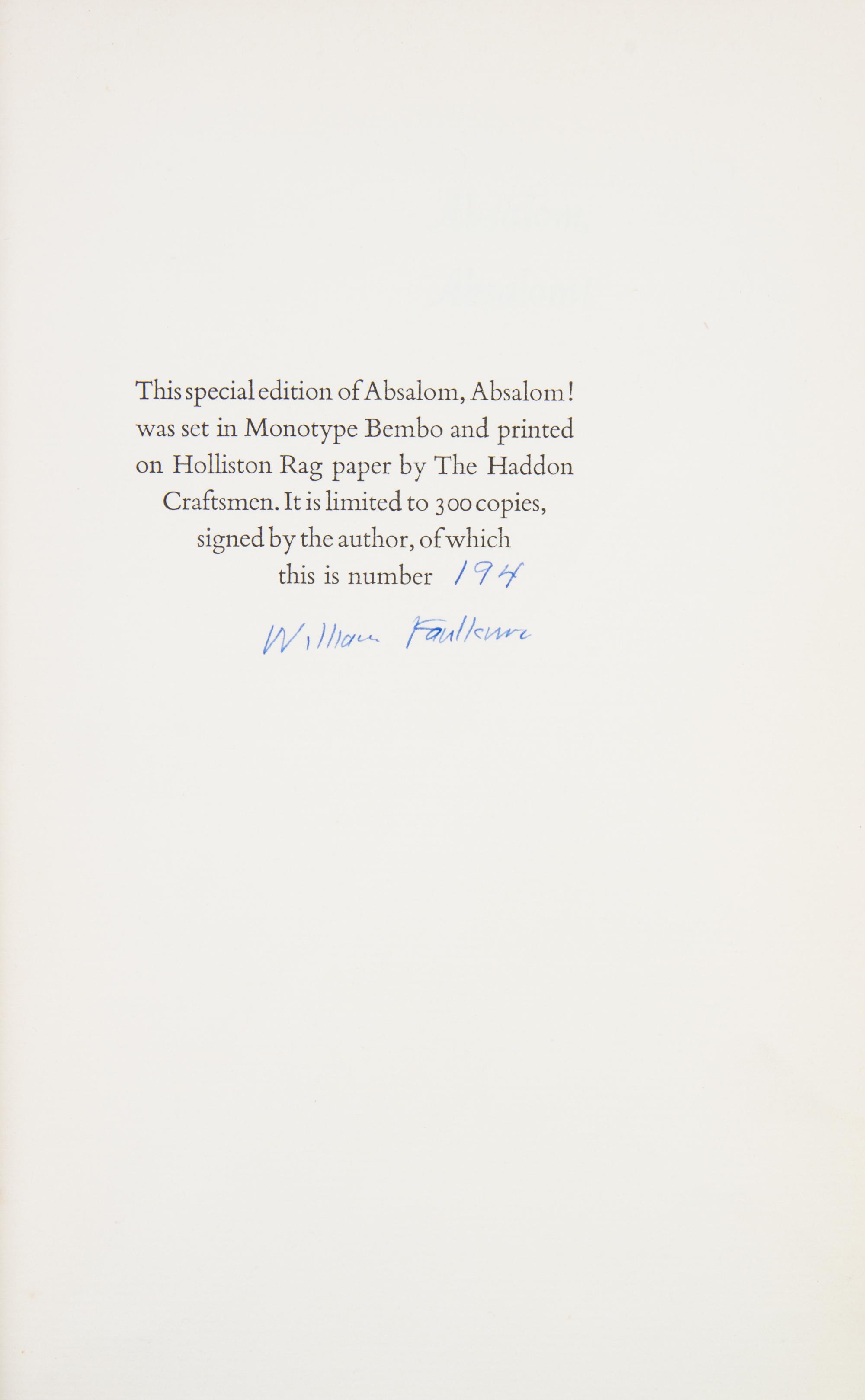 FAULKNER, WILLIAM. Absalom, Absalom! New York, 1936. First edition, limited. Signed by Faulkner.