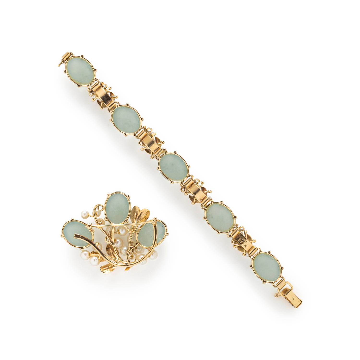 AQUAMARINE, CULTURED PEARL, AND YELLOW GOLD BROOCH AND BRACELET