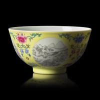 A Chinese Yellow Sgraffito Ground Famille Rose Porcelain 'Medallion' Bowl, Daoguang Mark 道光款 黃釉軋地粉彩開光節令膳盌
