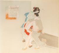 A Pair of Japanese Erotic Woodblock Prints on Silk in Acrylic Frames (early 20th Century)