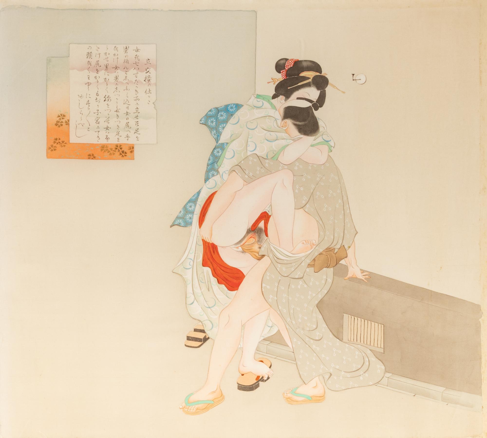 A Pair of Japanese Erotic Woodblock Prints on Silk in Acrylic Frames (early 20th Century)