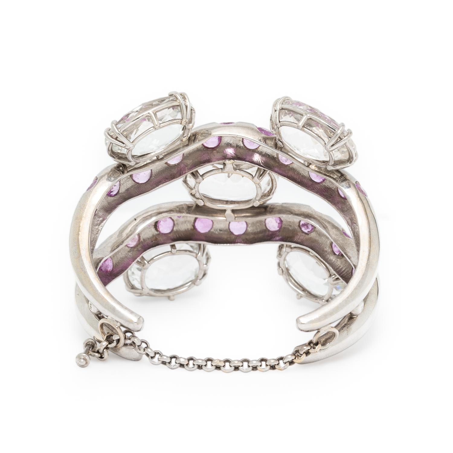 SAZINGG, PINK SAPPHIRE, WHITE TOPAZ, AND WHITE GOLD CUFF BRACELET