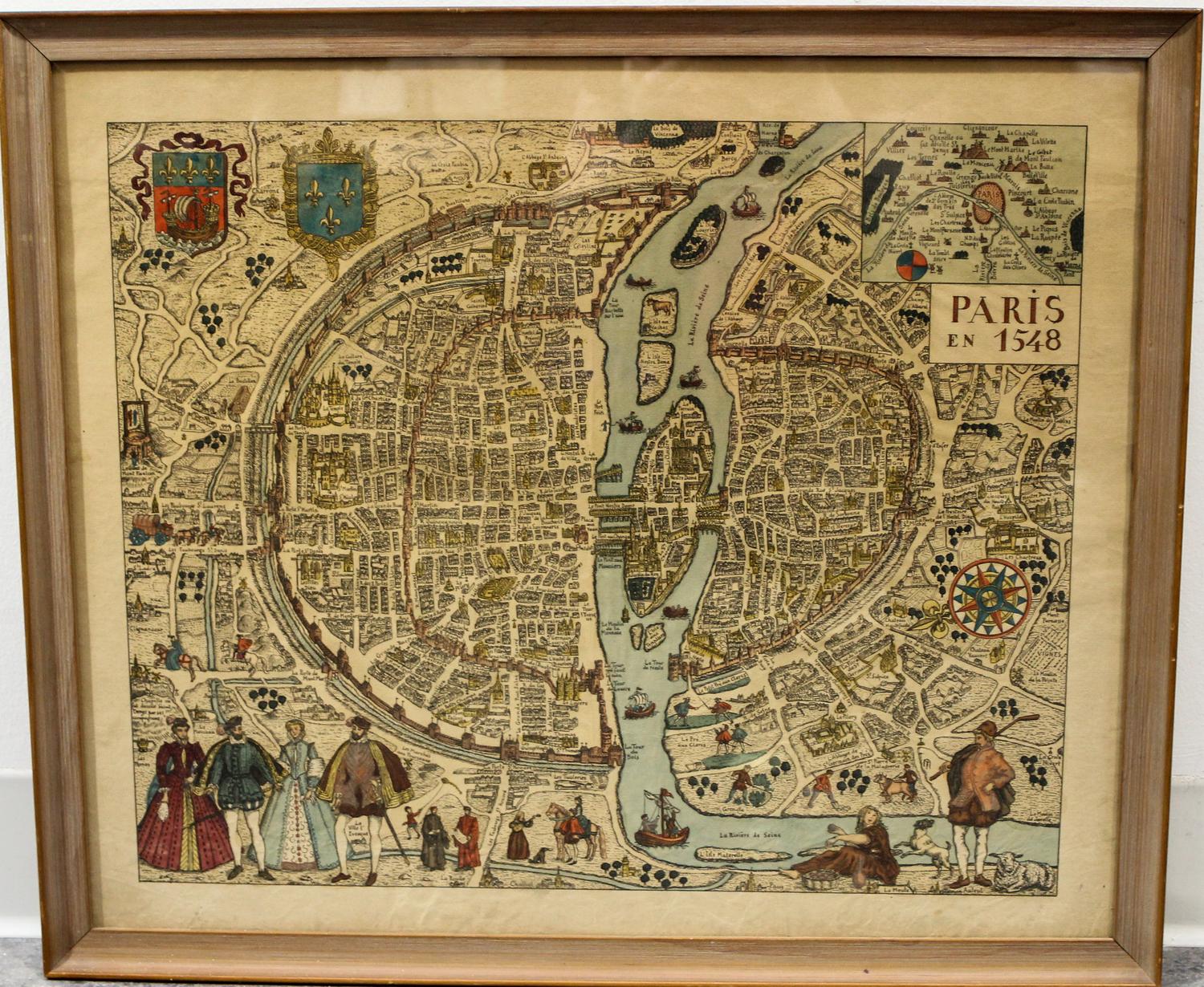 A Framed Map of Paris. Height 20 1/2 x width 24 1/4 inches (framed).
