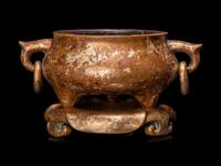 A Chinese Gold-Splashed Bronze Incense Burner and Stand