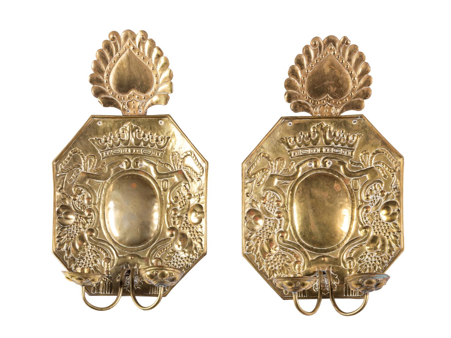 A Pair of Dutch Pressed Brass Two-Light Heart-and-Crown Wall Sconces