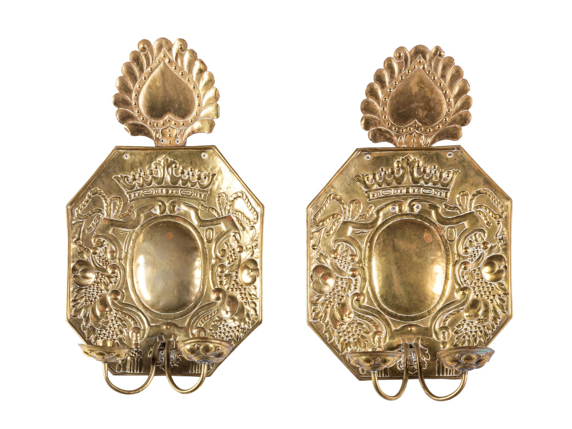 A Pair of Dutch Pressed Brass Two-Light Heart-and-Crown Wall Sconces