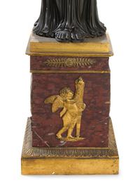 A Pair of Large Empire Style Gilt and Patinated Bronze and Marble Figural Candelabra Bases