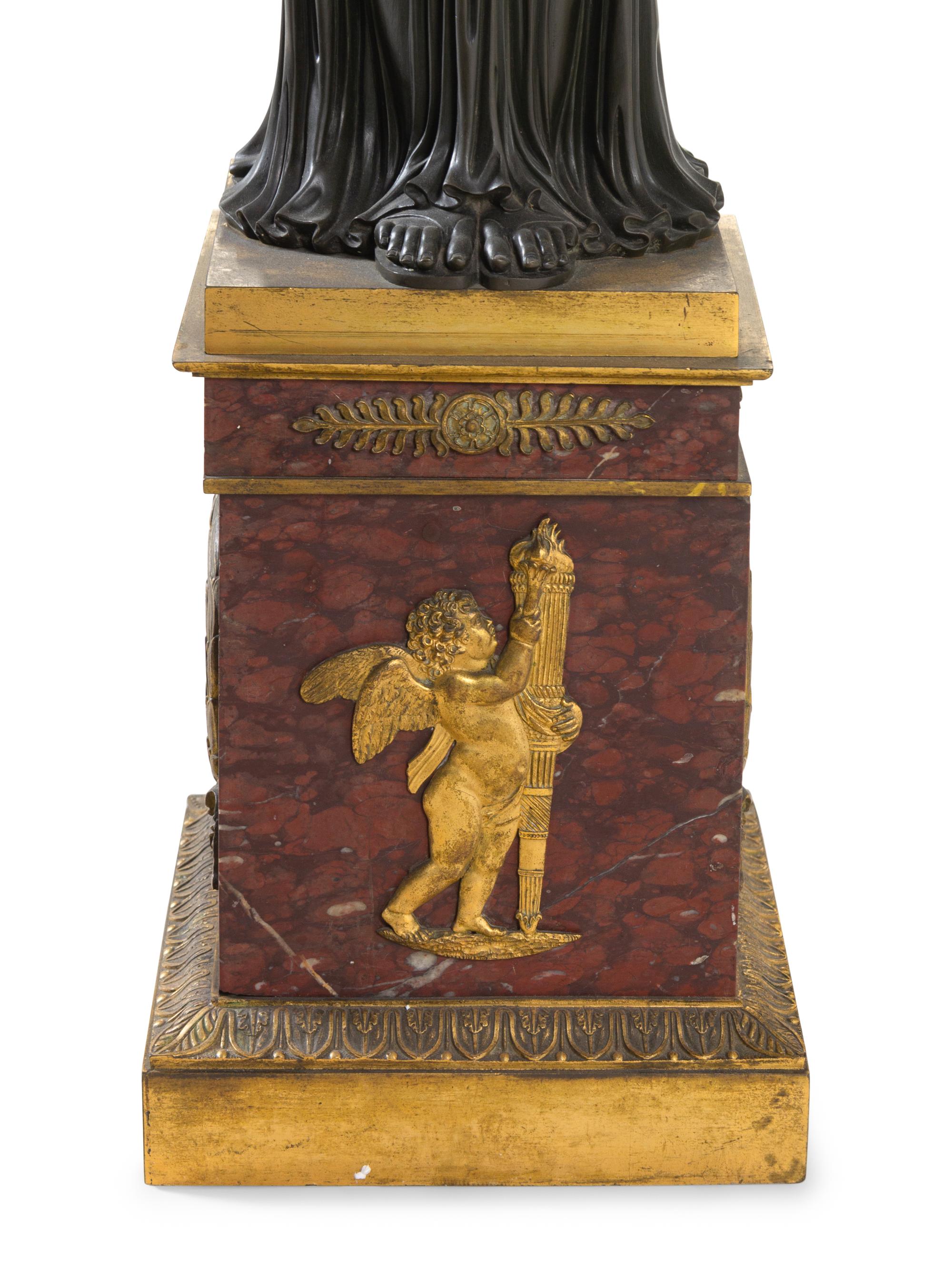 A Pair of Large Empire Style Gilt and Patinated Bronze and Marble Figural Candelabra Bases