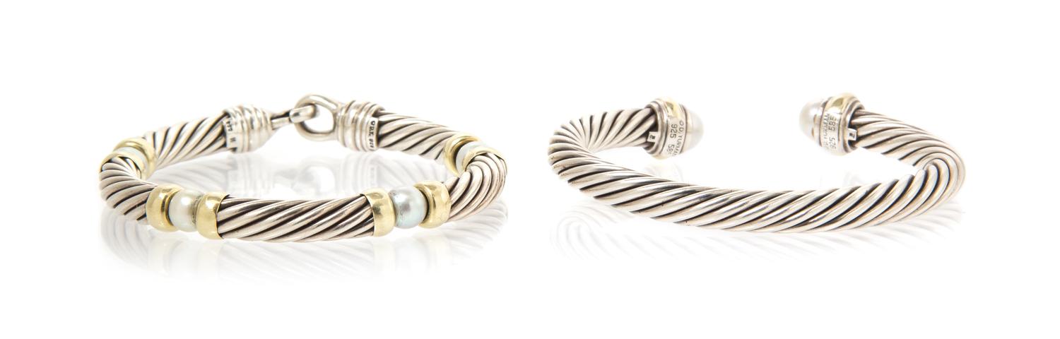 A Collection of Sterling, 14 Karat Yellow Gold and Cultured Pearl Cable Link Bracelets, David Yurman, 58.30 dwts.