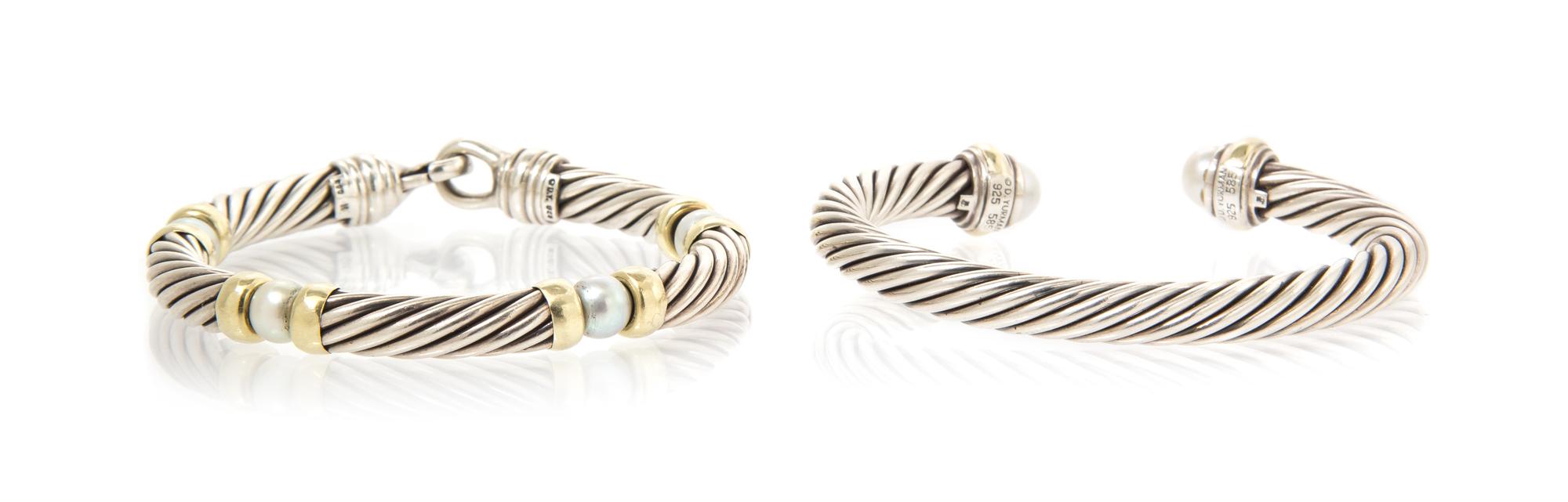 A Collection of Sterling, 14 Karat Yellow Gold and Cultured Pearl Cable Link Bracelets, David Yurman, 58.30 dwts.