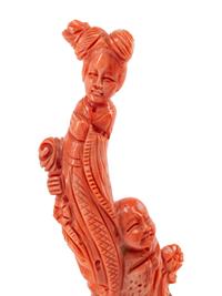 Three Chinese Carved Coral Figures on Wood Stands