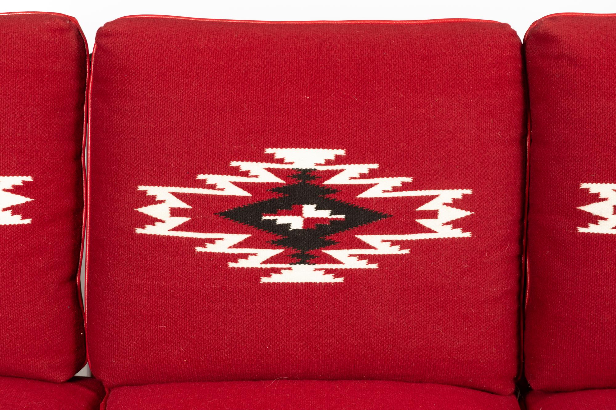 Spindle Sided Couch with leather and Chimayo Weavings, circa 1945