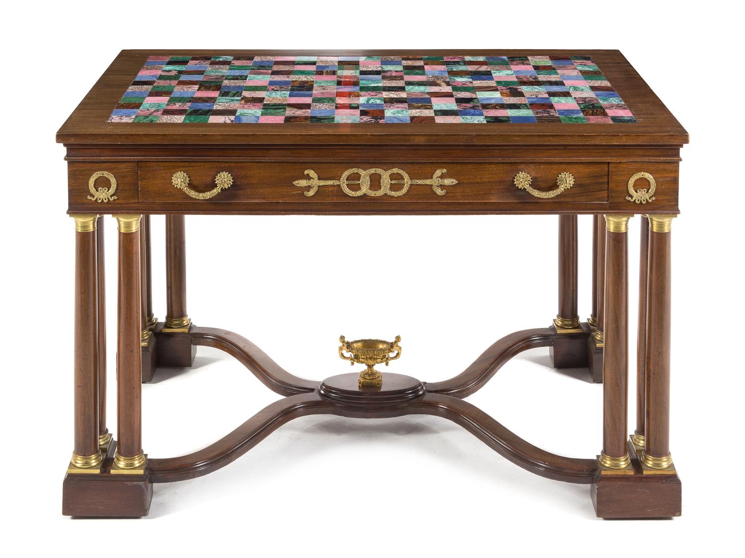 An Empire Style Gilt Bronze and Marble Mounted Mahogany Table Height 30 3/4 x width 48 x depth 30 inches. — 19TH/20TH CENTURY