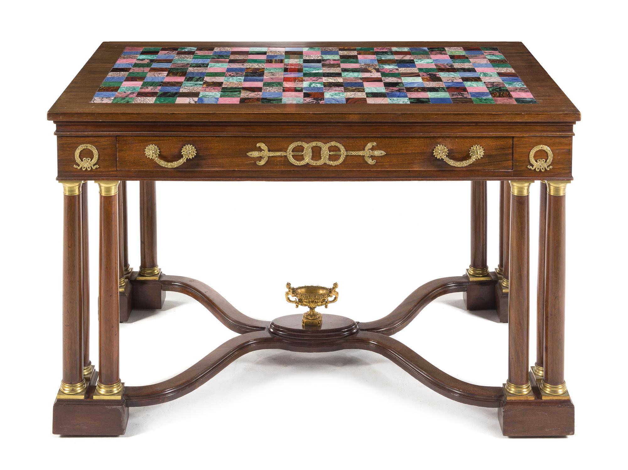 An Empire Style Gilt Bronze and Marble Mounted Mahogany Table Height 30 3/4 x width 48 x depth 30 inches. — 19TH/20TH CENTURY