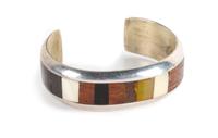 Southwestern Silver and Inlaid Wood Bracelet Length 5 1/4 x opening 1 1/4 x width 5 /8 inches