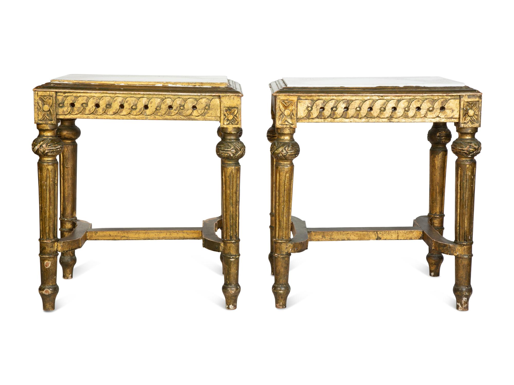 A Pair of Louis XVI Style Giltwood Marble-Top Low Tables