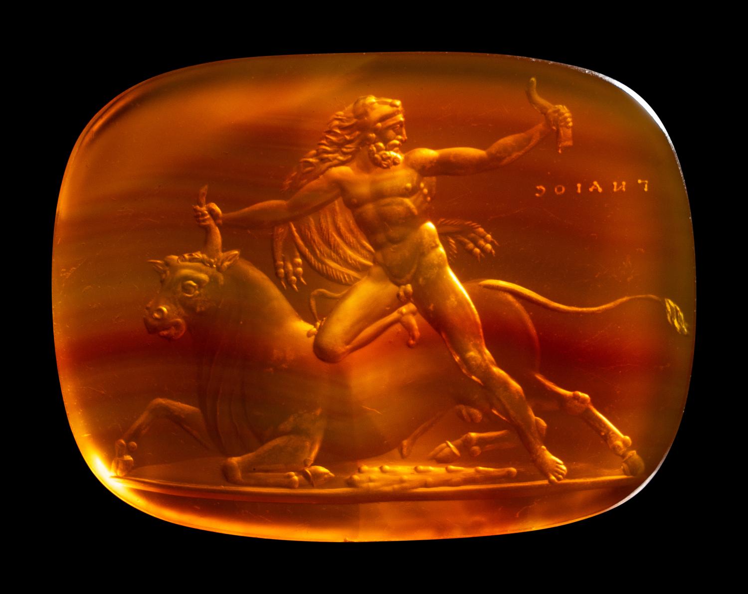 A Neoclassical Carnelian Intaglio with Hercules Battling Achelous