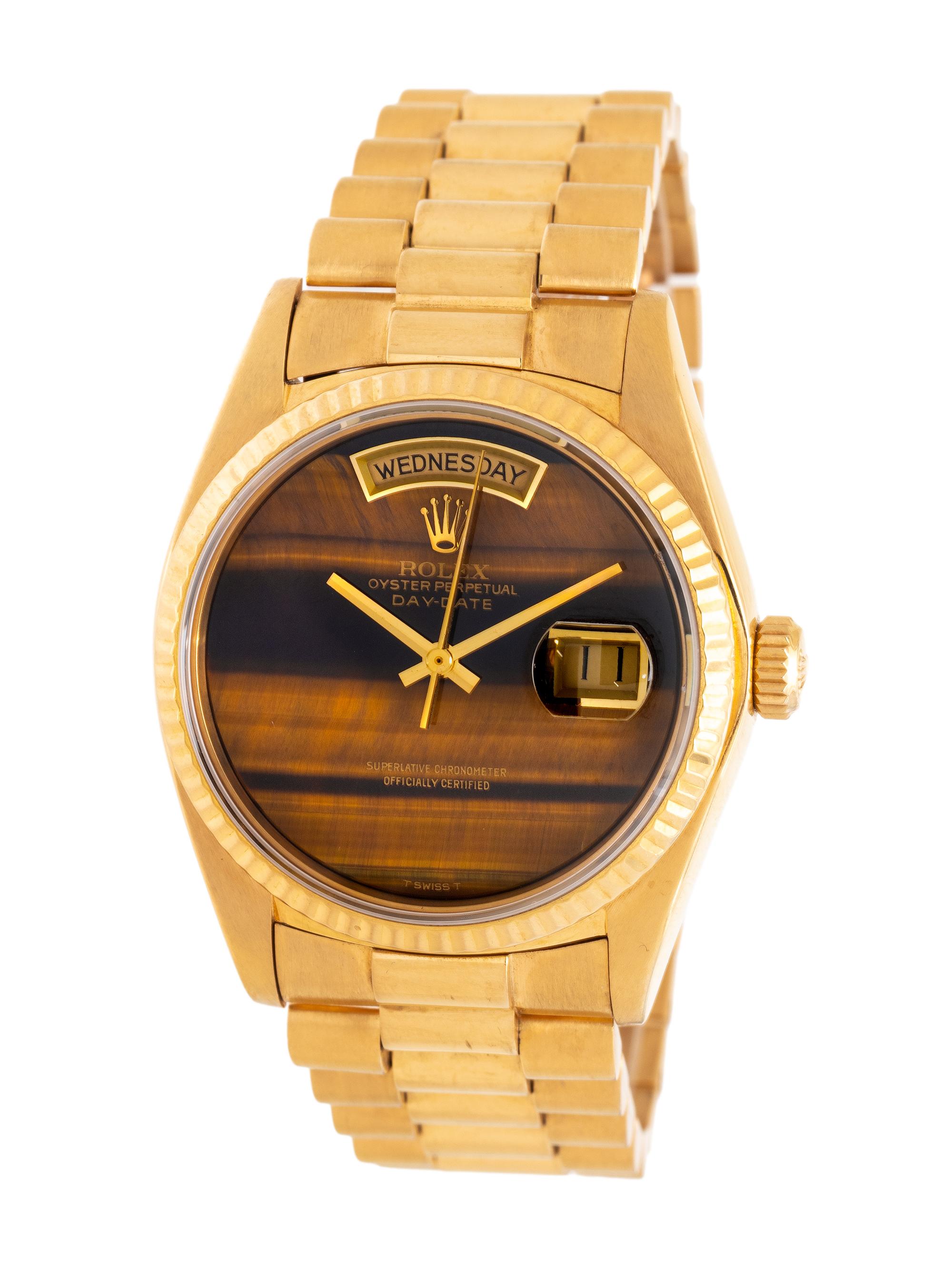 ROLEX, REF. 18038 18K YELLOW GOLD 'DAY-DATE' 'SINGLE QUICKSET' WATCH, WITH RARE TIGER'S EYE DIAL, BOX & BOOKLETS