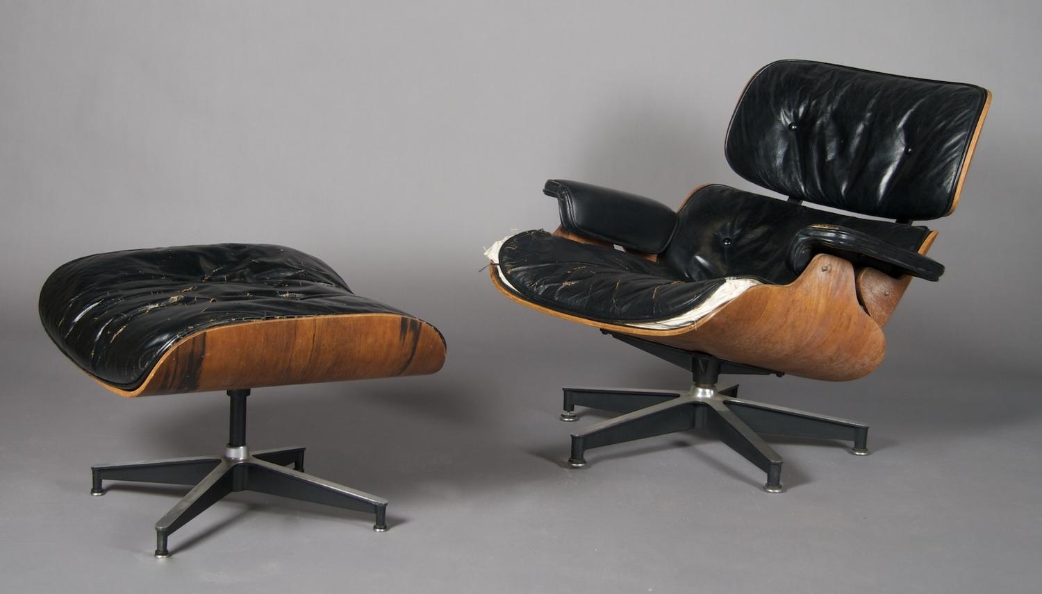 A Charles and Ray Eames Lounge Chair and Ottoman, Herman Miller, Height 36 x width 24 x depth 11 1/2 inches.