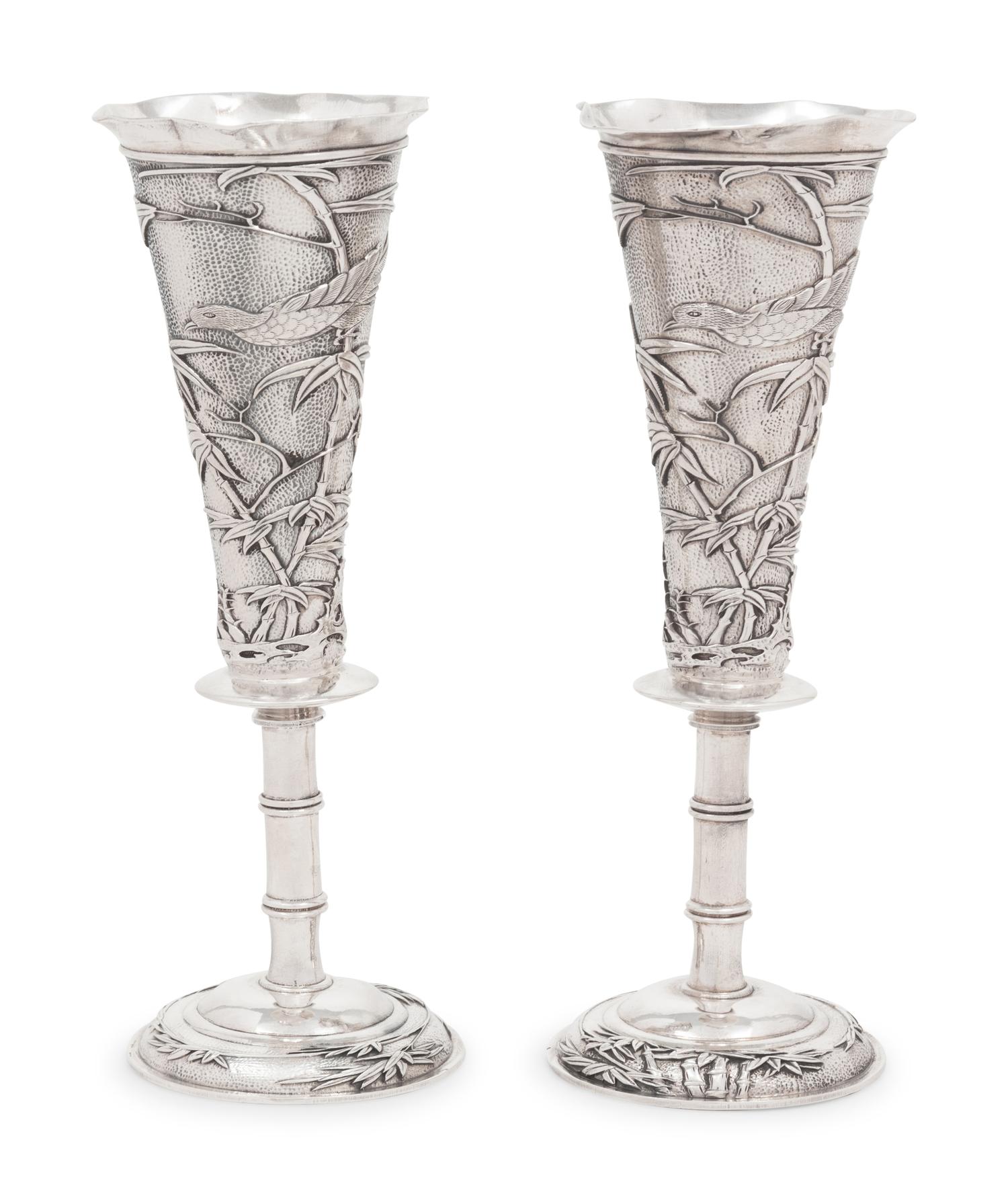 Pair of Chinese Export Silver Vases