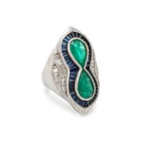 EMERALD, SAPPHIRE AND DIAMOND RING