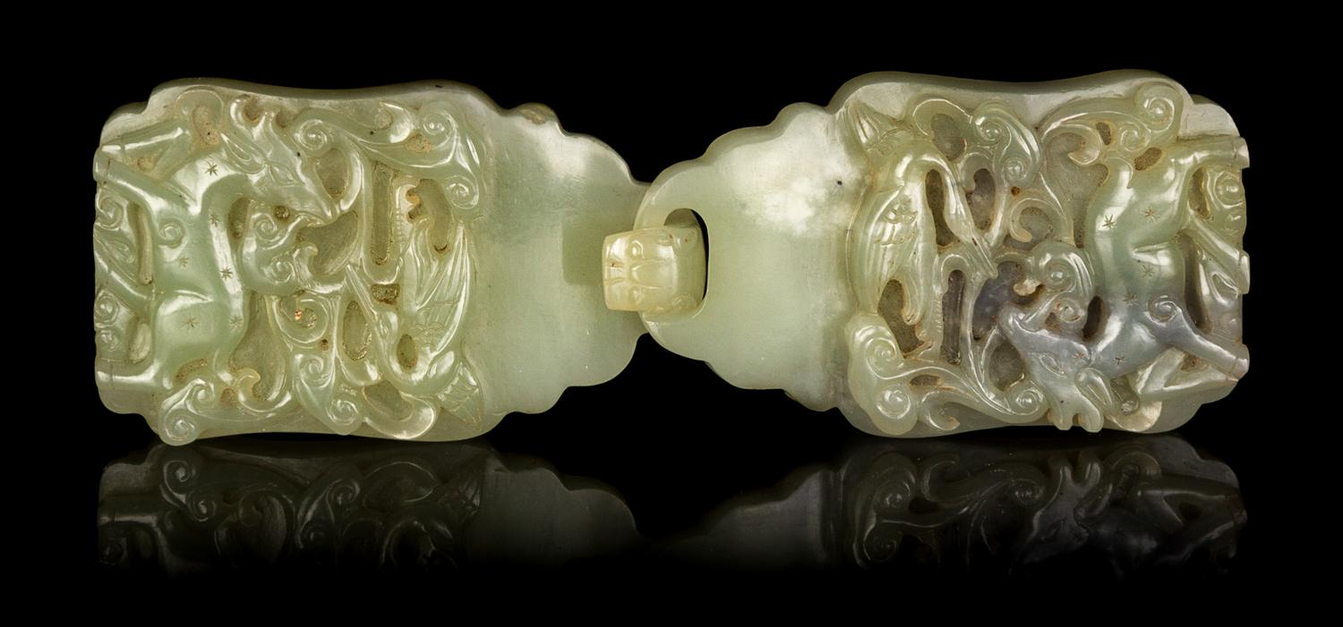 A Chinese Celadon Jade Two-Part Belt Buckle