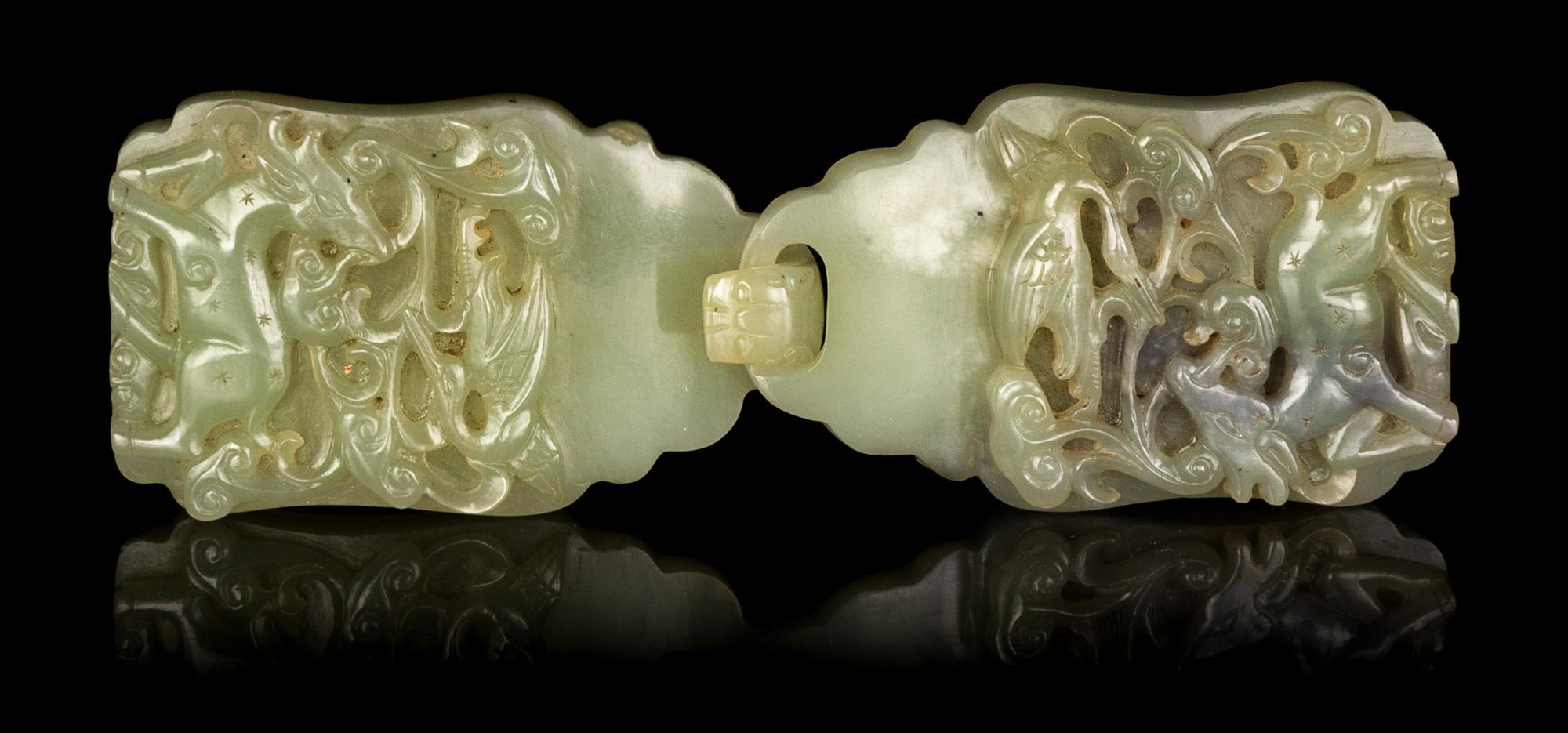 A Chinese Celadon Jade Two-Part Belt Buckle