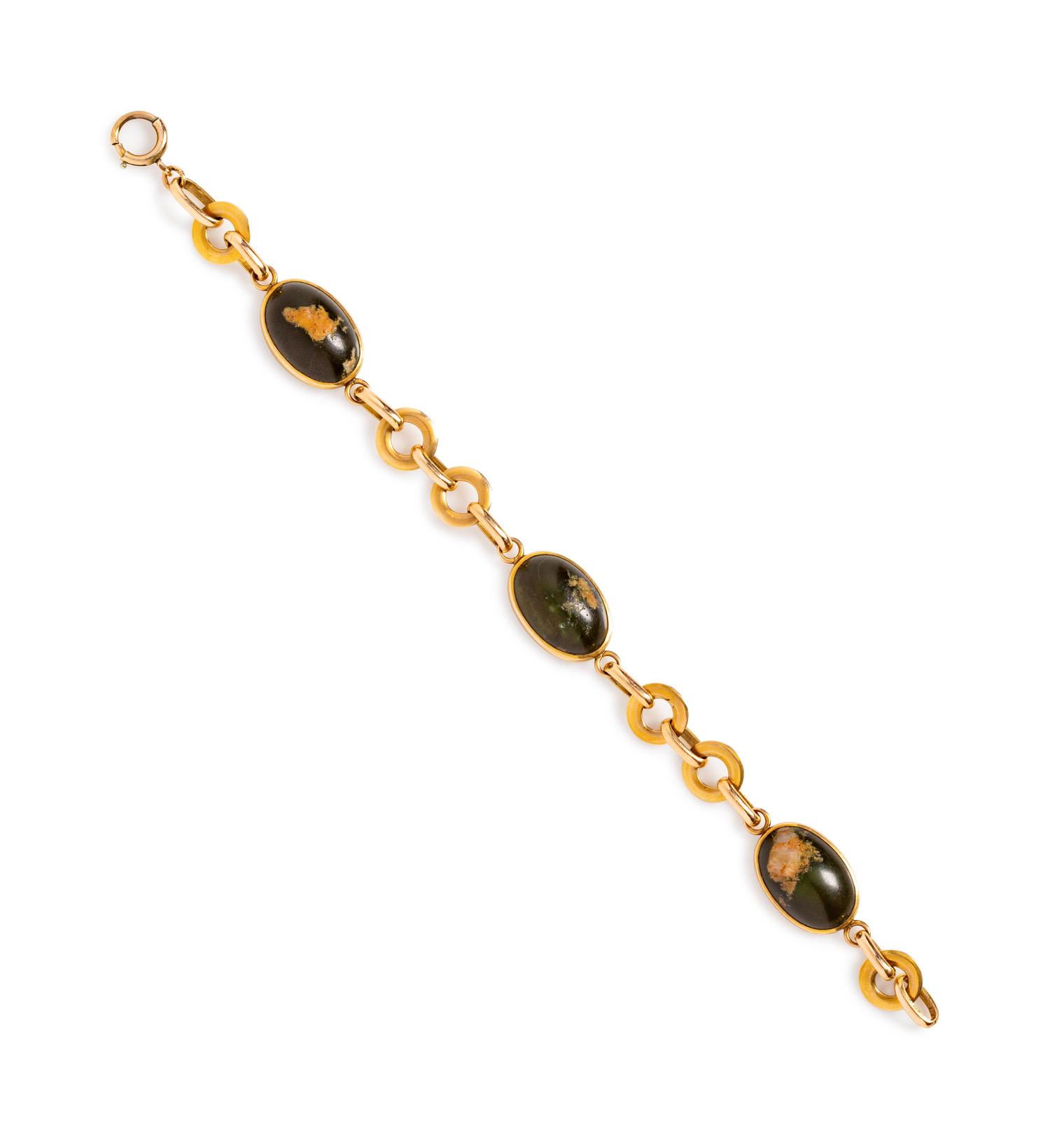 A 14 Karat Yellow Gold and Green Hardstone Bracelet,