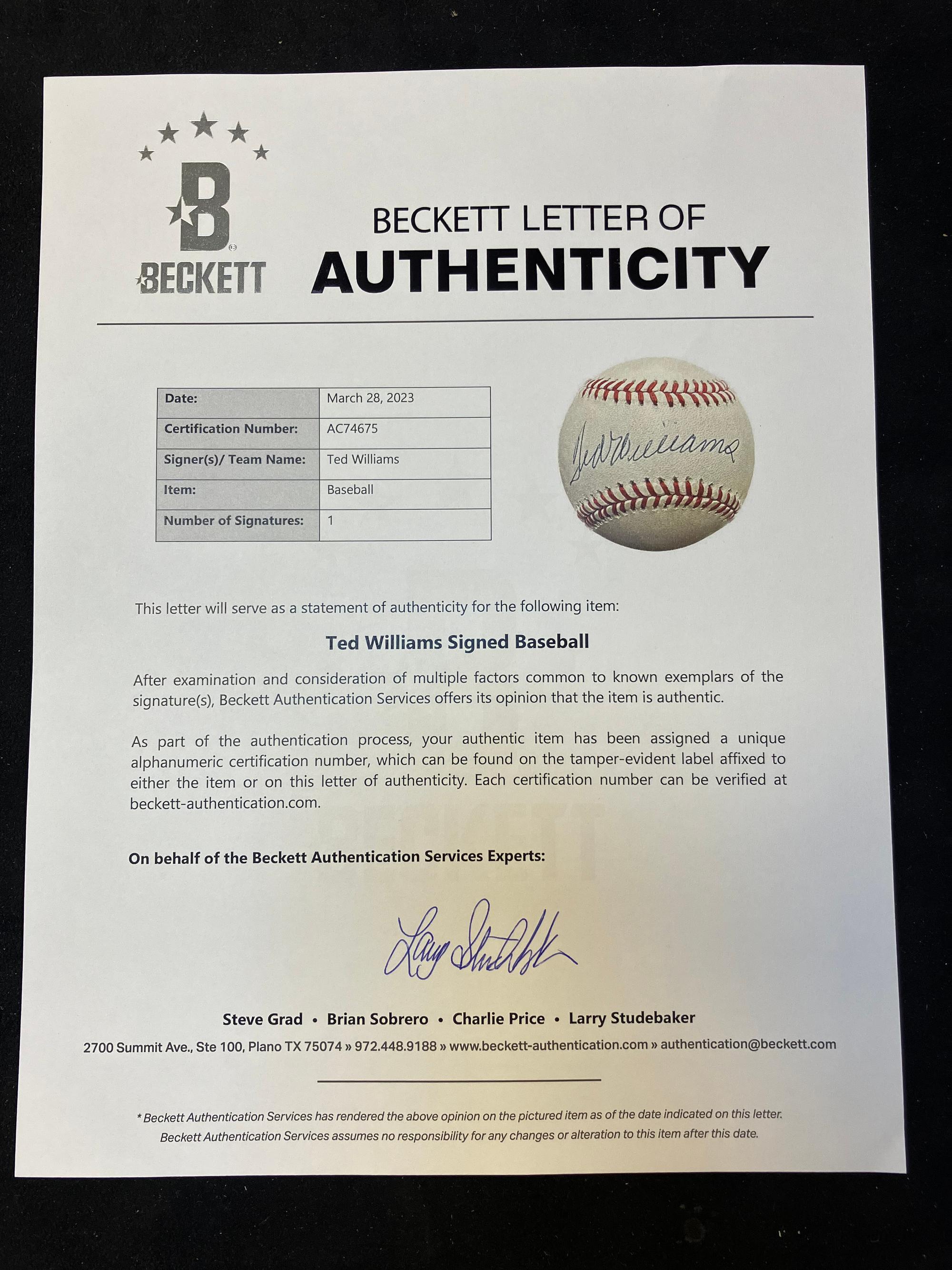 A Ted Williams SIngle Signed Autograph Baseball (Beckett Authentication Services Letter),