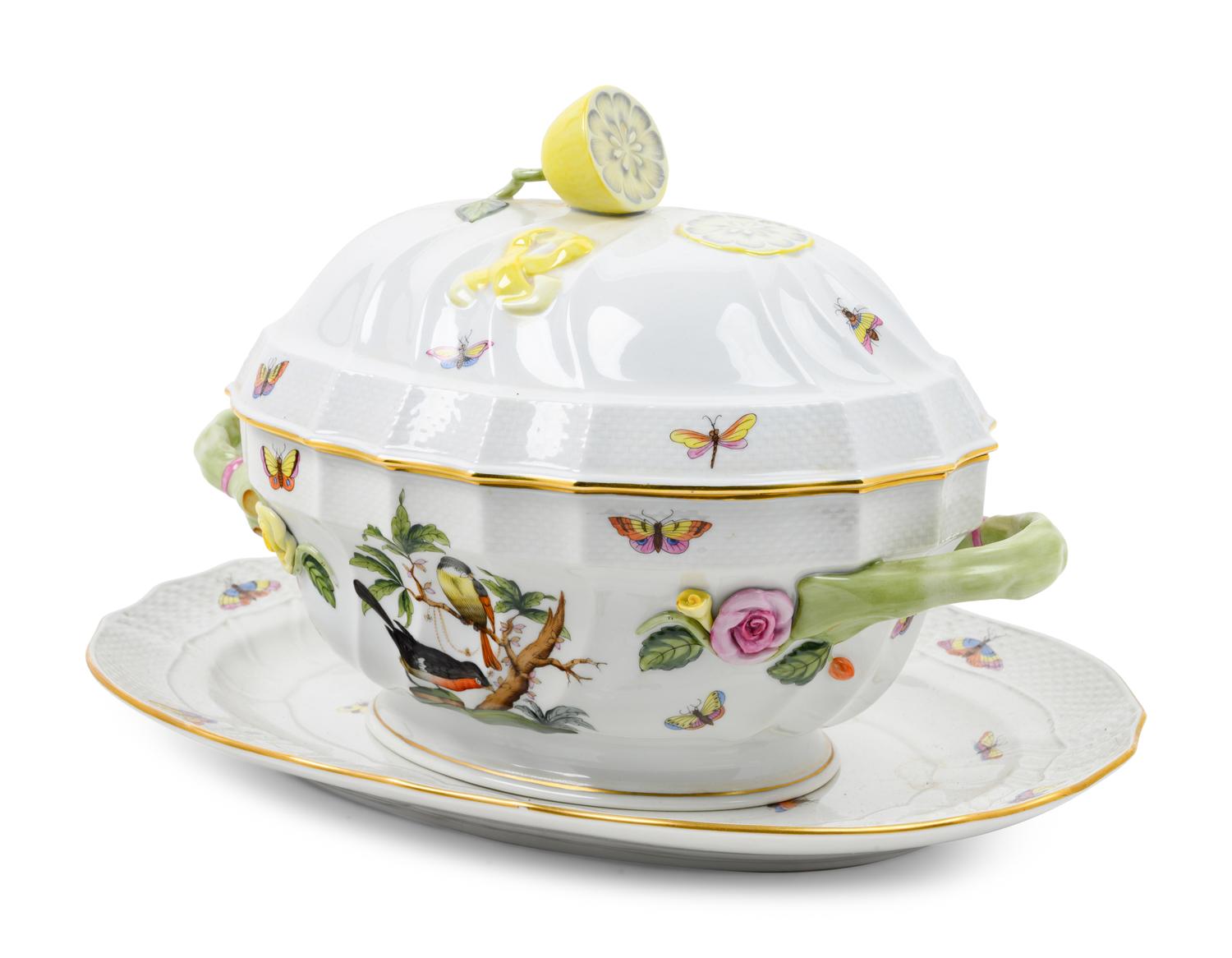 A Herend Porcelain Rothschild Bird Soup Tureen and Underplate