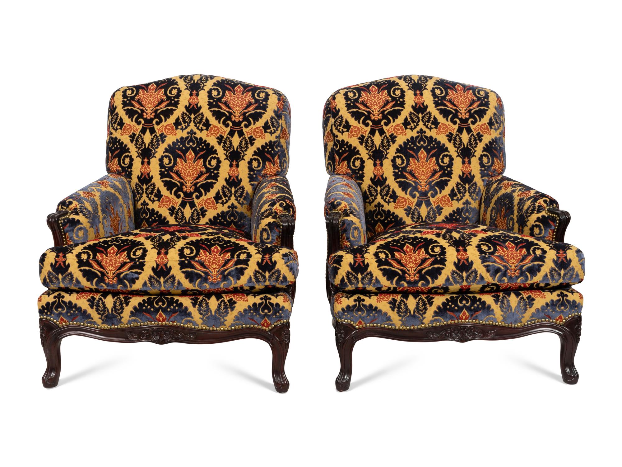 A Pair of Ralph Lauren Louis XV Style Mahogany Bergères with Custom Upholstery