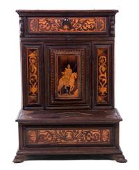 A Continental Marquetry Decorated Prie Dieu, Height 35 3/4 x width 26 1/2 x depth 20 1/4 inches.