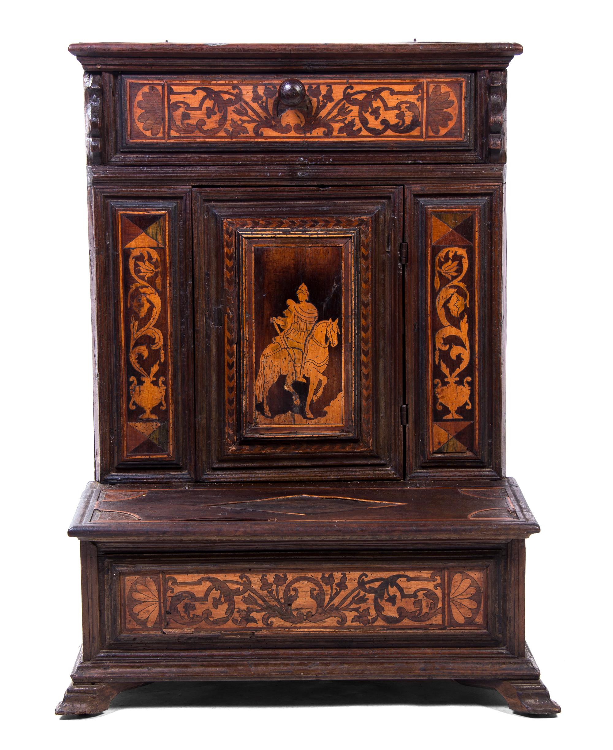 A Continental Marquetry Decorated Prie Dieu, Height 35 3/4 x width 26 1/2 x depth 20 1/4 inches.