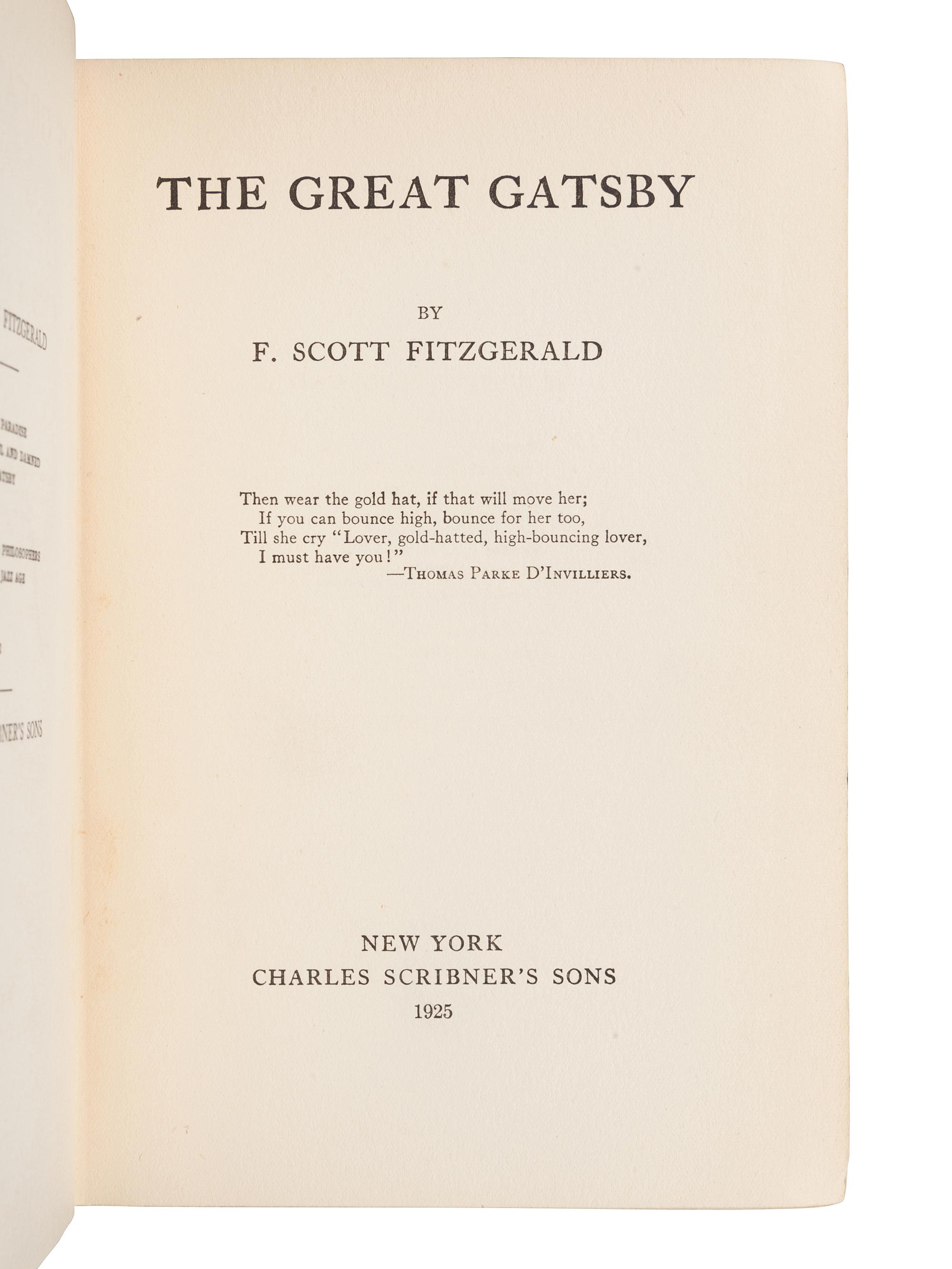 FITZGERALD, F. Scott (1896-1940). The Great Gatsby . New York: Charles Scribner's Sons, 1925.