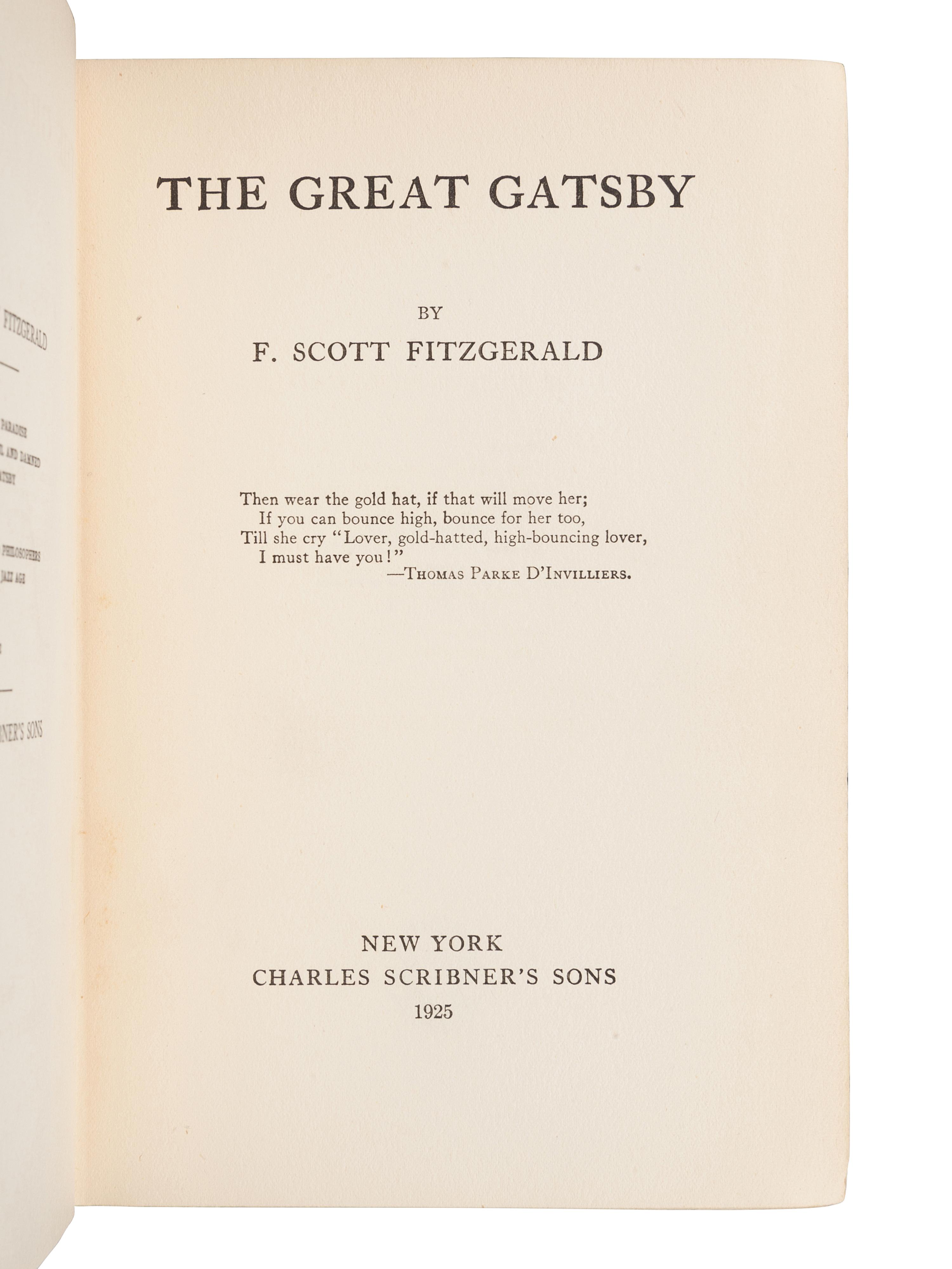 FITZGERALD, F. Scott (1896-1940). The Great Gatsby . New York: Charles Scribner's Sons, 1925.