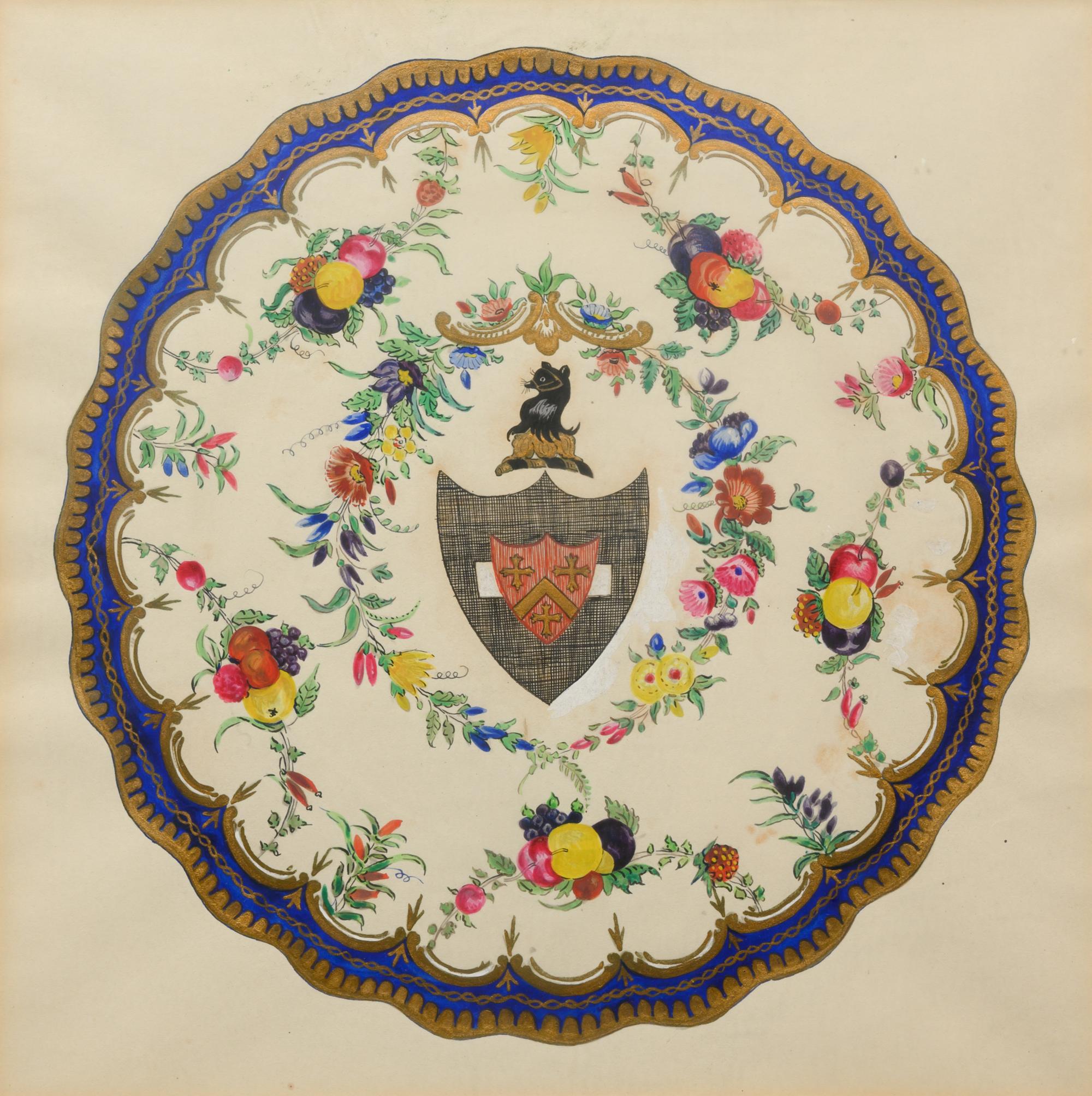 Five Parcel Gilt Watercolor Paintings of Armorial Porcelain Designs