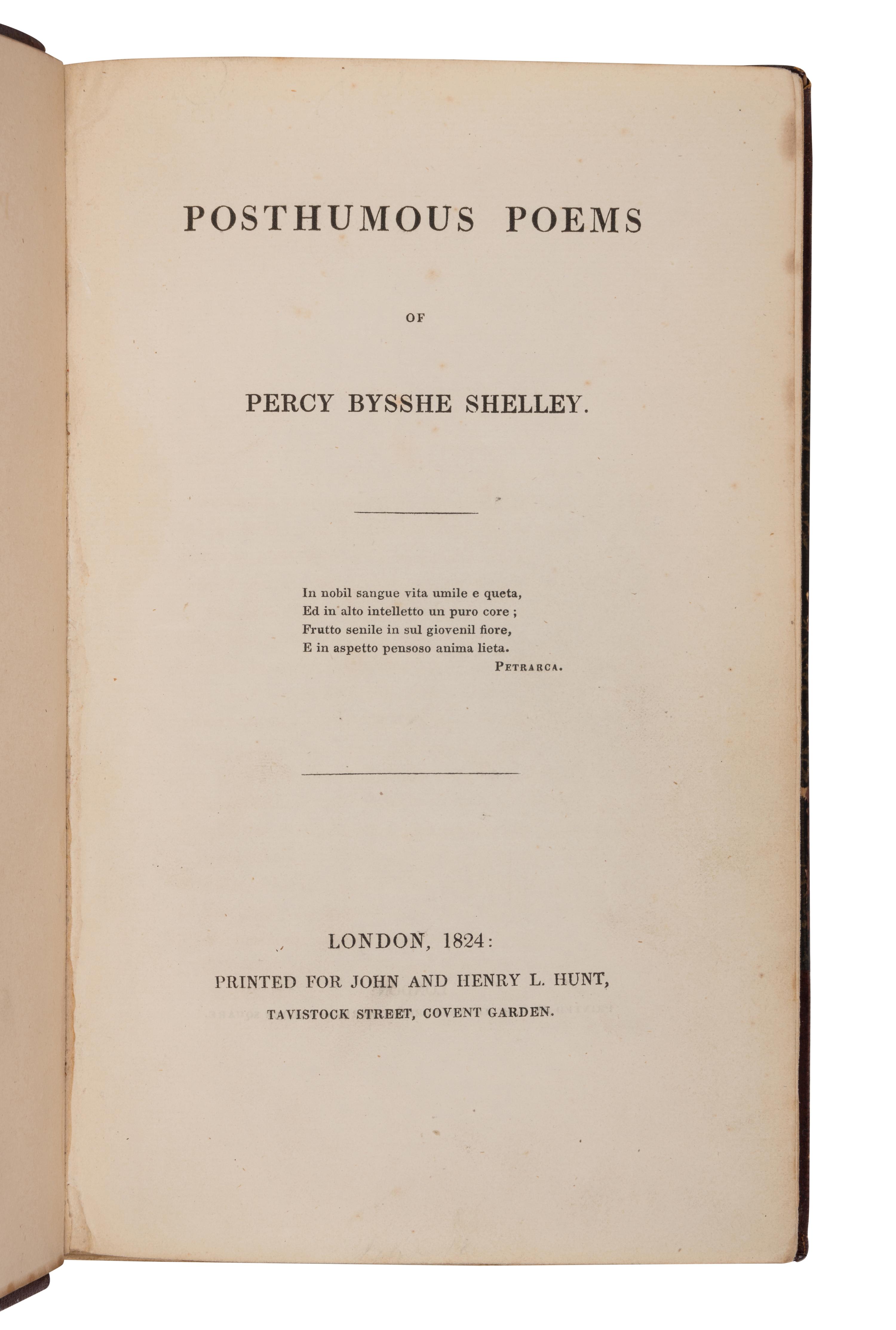 SHELLEY, Percy Bysshe (1792-1822). Posthumous Poems . London: John and Henry L. Hunt, 1824.