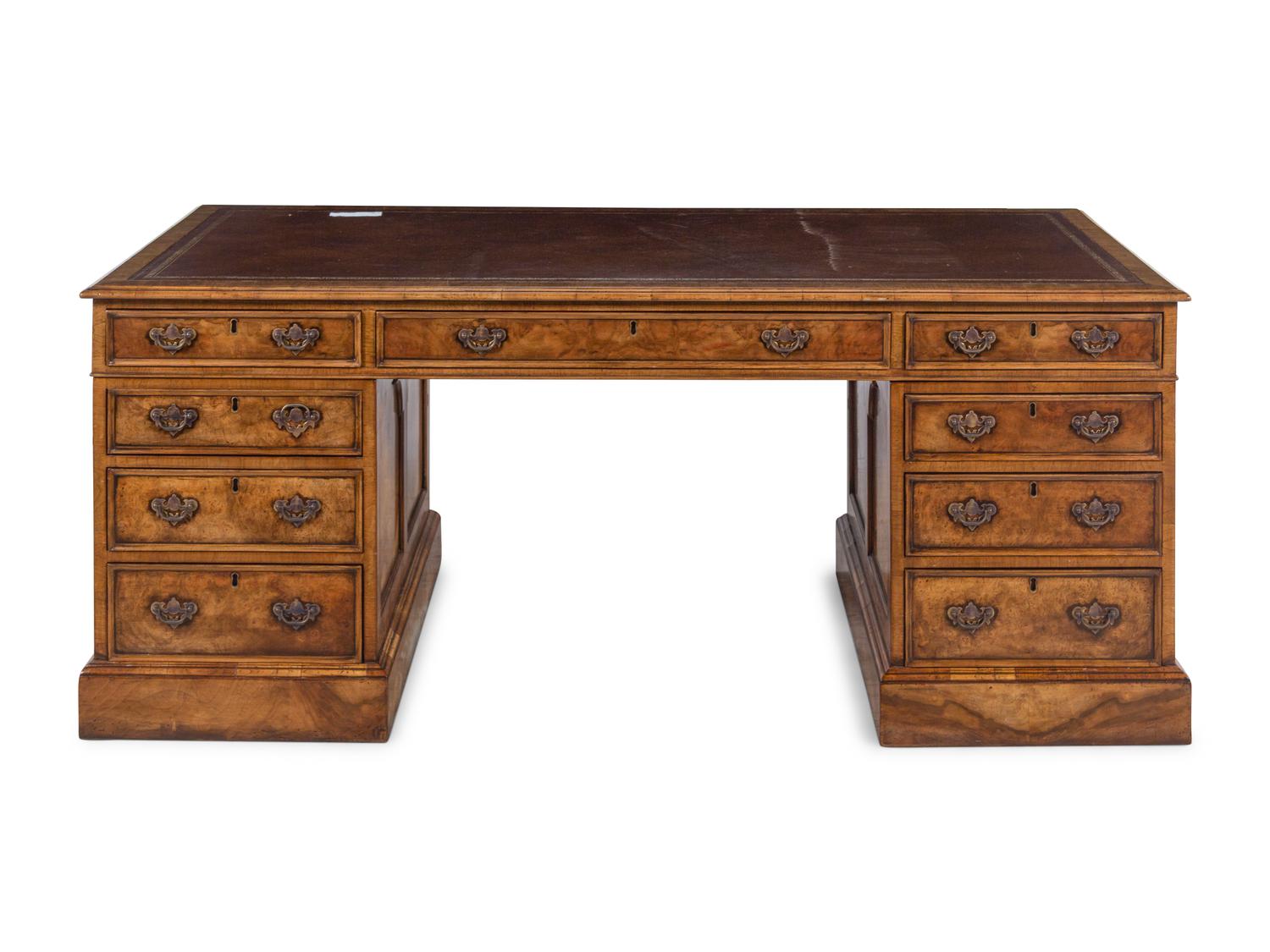 A George III Style Burl Walnut Pedestal Desk