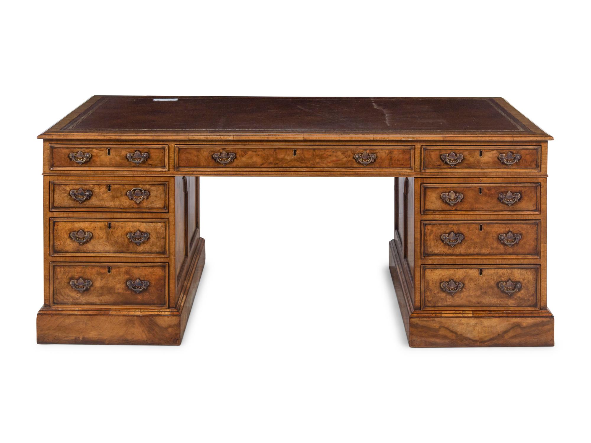 A George III Style Burl Walnut Pedestal Desk