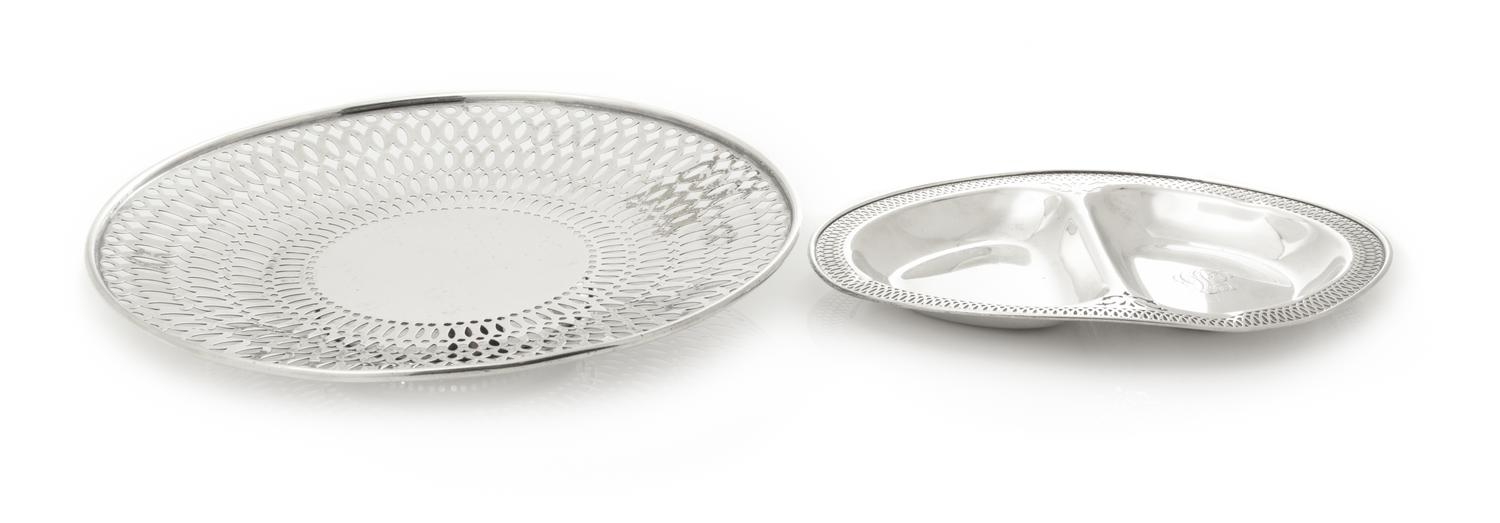 Collection of American Silver Table Articles, Various Makers, comprising a cake dish, serving tray, sugar basket, candy dish, five nut