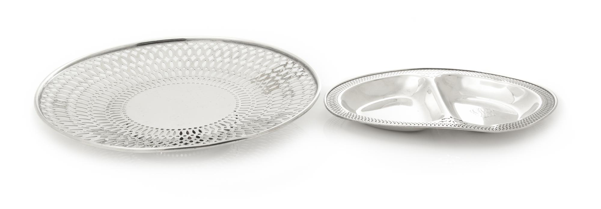 Collection of American Silver Table Articles, Various Makers, comprising a cake dish, serving tray, sugar basket, candy dish, five nut