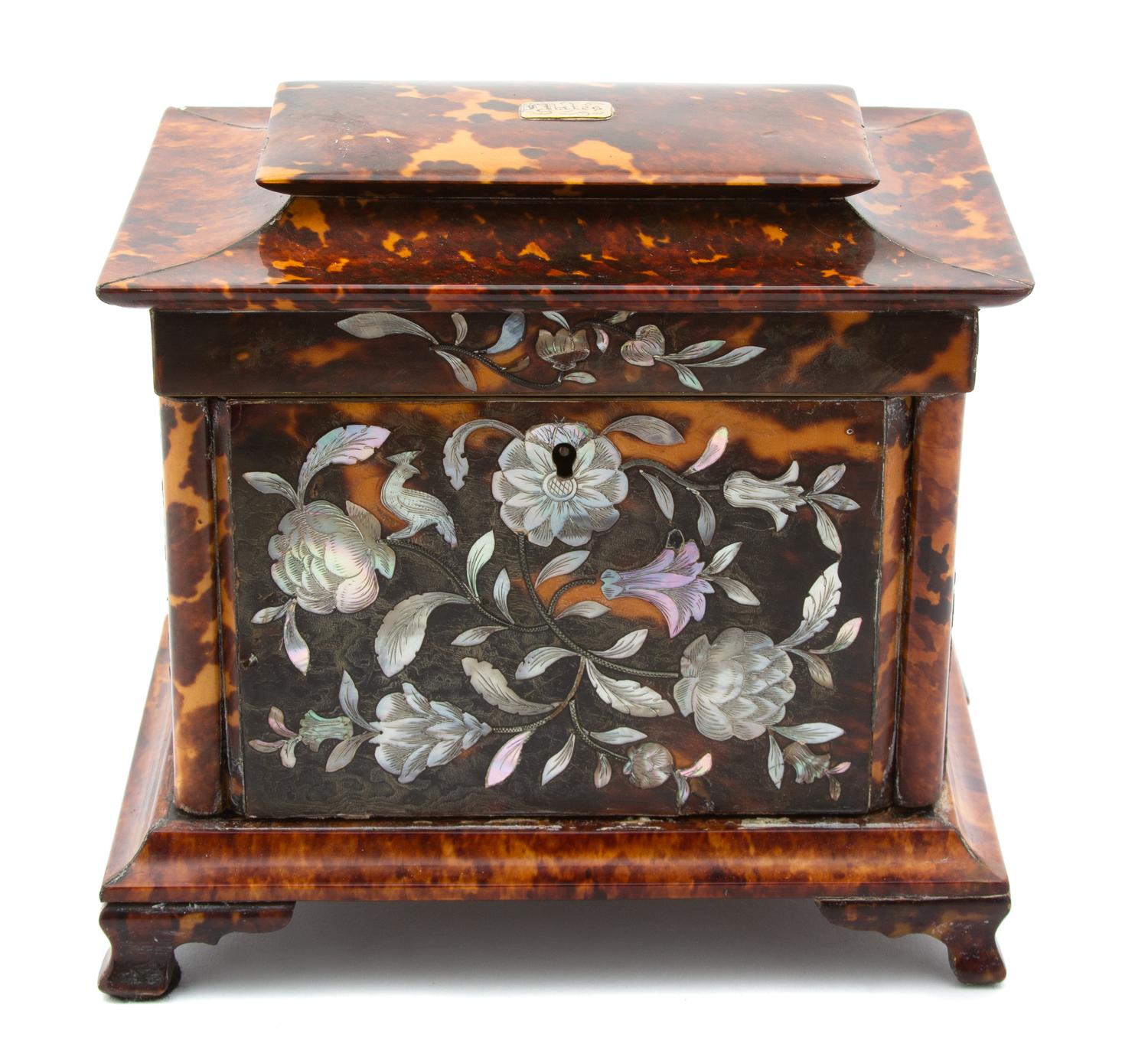 A Regency Mother-of-Pearl Inlaid Tortoiseshell Tea Caddy Height 6 1/2 x width 7 1/4 x depth 5 1/2 inches. — 19TH CENTURY