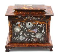 A Regency Mother-of-Pearl Inlaid Tortoiseshell Tea Caddy Height 6 1/2 x width 7 1/4 x depth 5 1/2 inches. — 19TH CENTURY