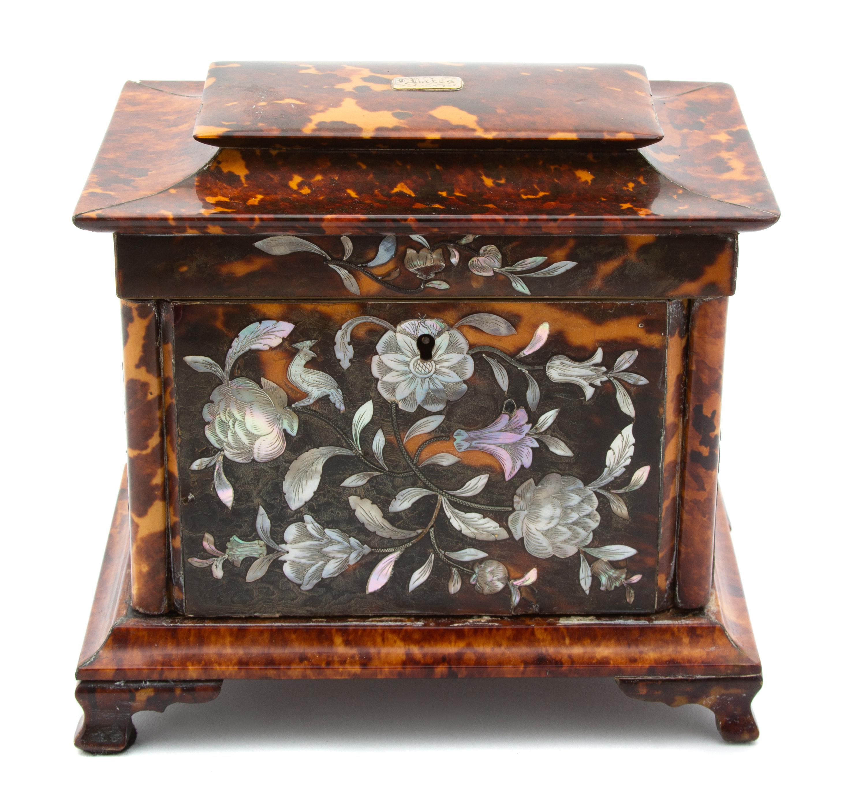 A Regency Mother-of-Pearl Inlaid Tortoiseshell Tea Caddy Height 6 1/2 x width 7 1/4 x depth 5 1/2 inches. — 19TH CENTURY