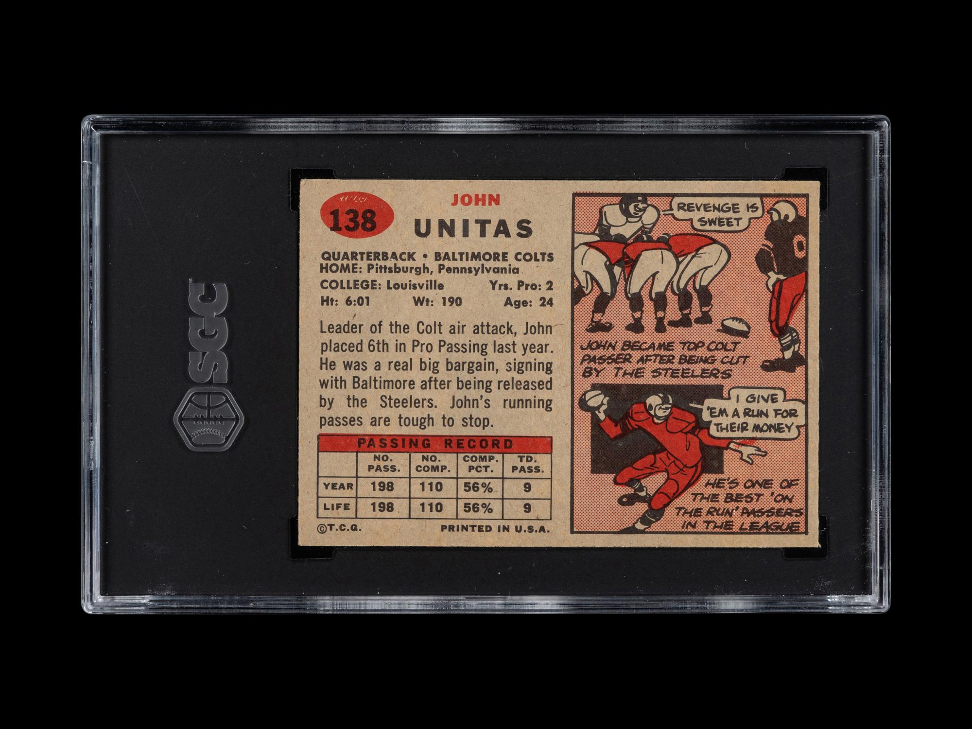 A 1957 Topps Johnny Unitas Rookie Football Card No. 138 (SGC 6 EX/NM)