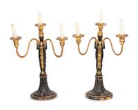 A Pair of Empire Style Painted and Parcel Gilt Candelabra