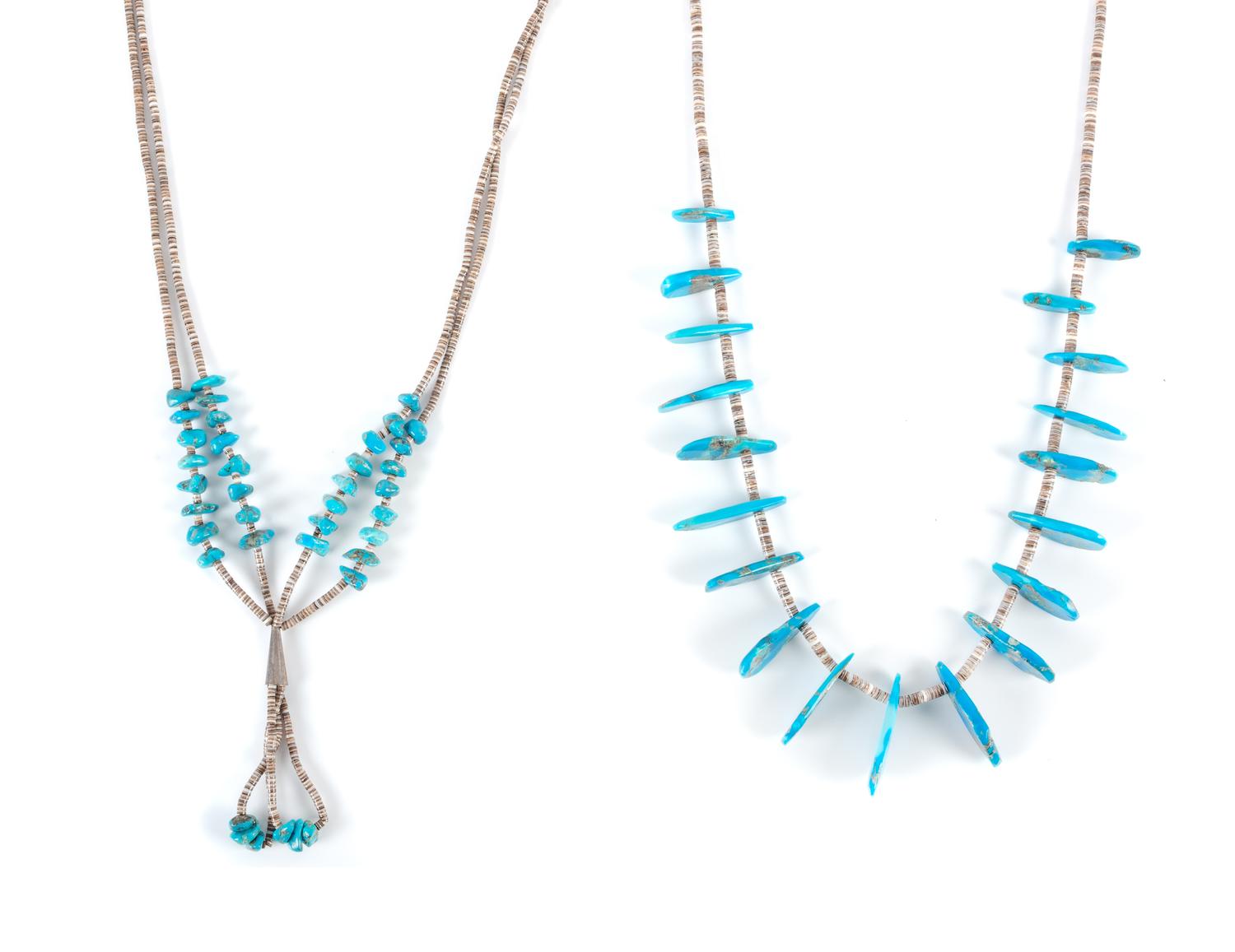 Two Southwestern Turquoise and Shell Heishi Bead Necklaces Length of one 25 inches